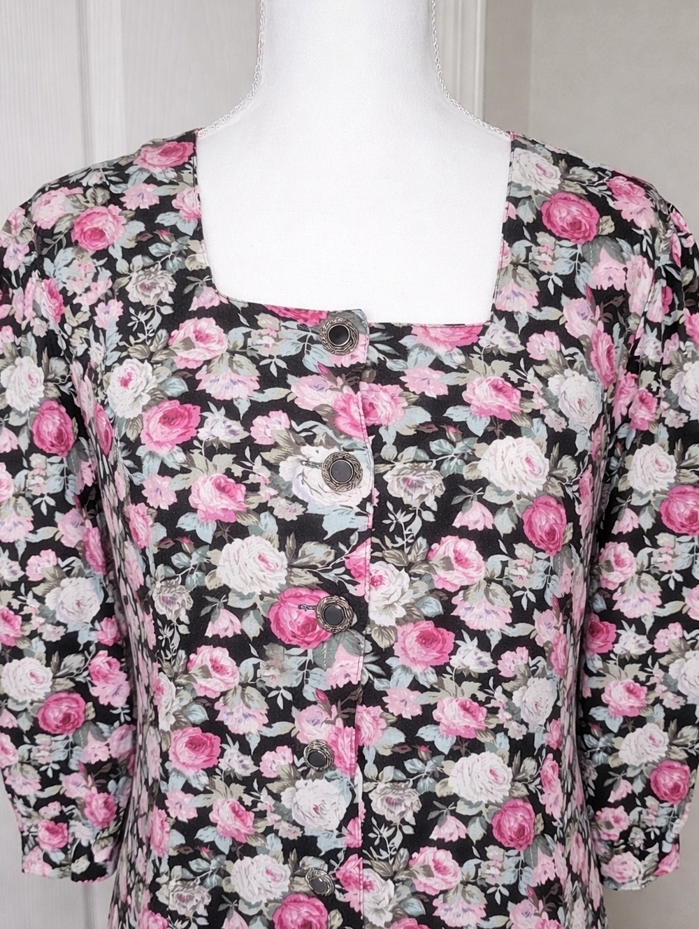 Vintage 90s D.B.Y Floral Midi Dress Black Pink Roses Square Neck Cottagecore Rom - Picture 2 of 10